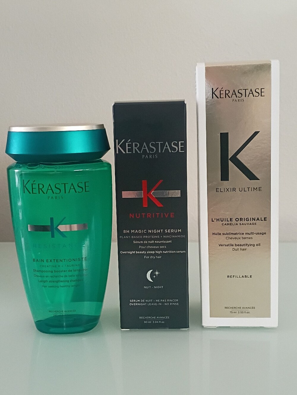 kérastase bundle, shampoo, hair oil, and night serum